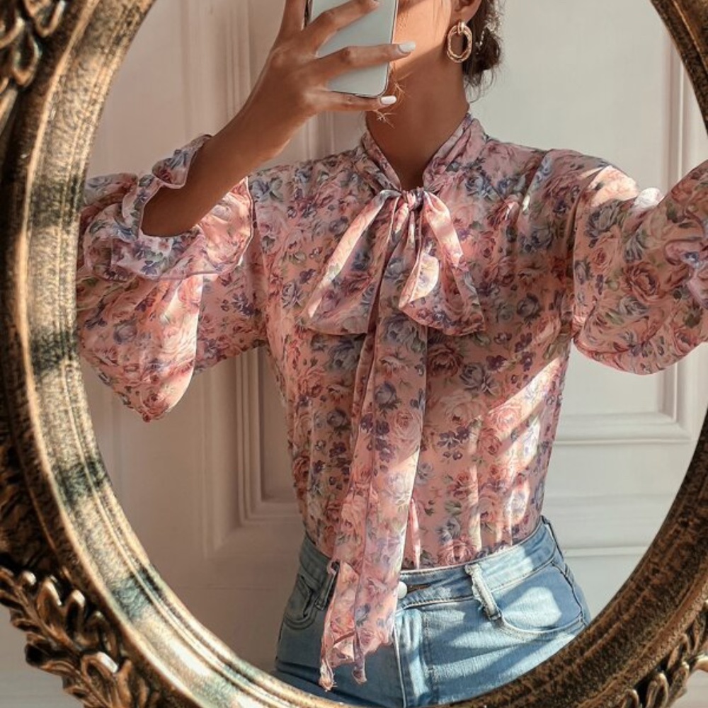 Bohemian Blush Pink Floral Neck Tie Ruffle Top Cottagecore - Picture 1 of 8
